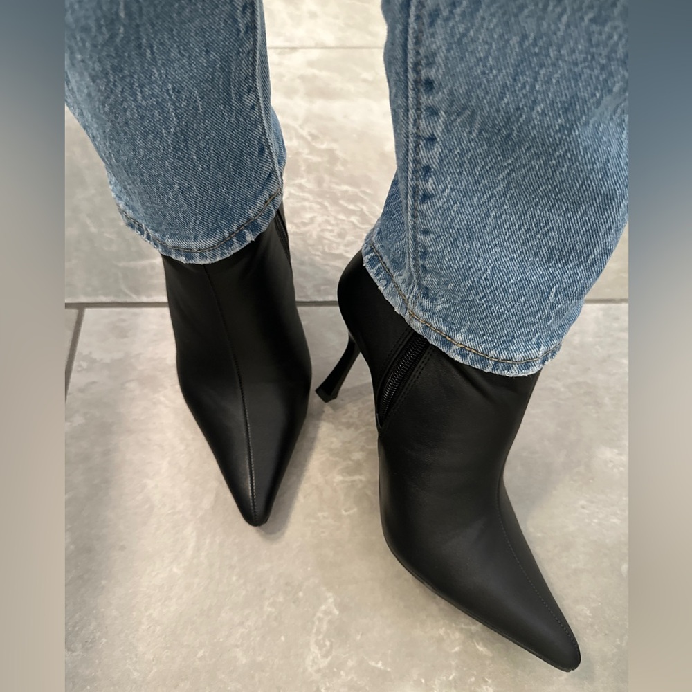 Black Faux Leather Pointed Toe Low Heel Booties – Fall Ankle Boots
